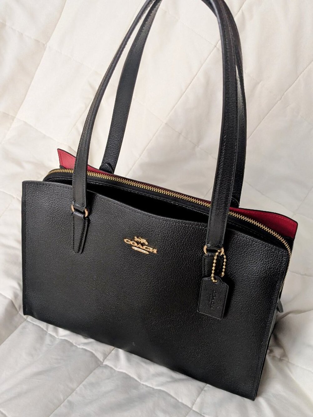 Coach Tatum Carryall Tote Work Bag Black Red Inside Pebble Double Leather C4078 - Picture 2 of 16